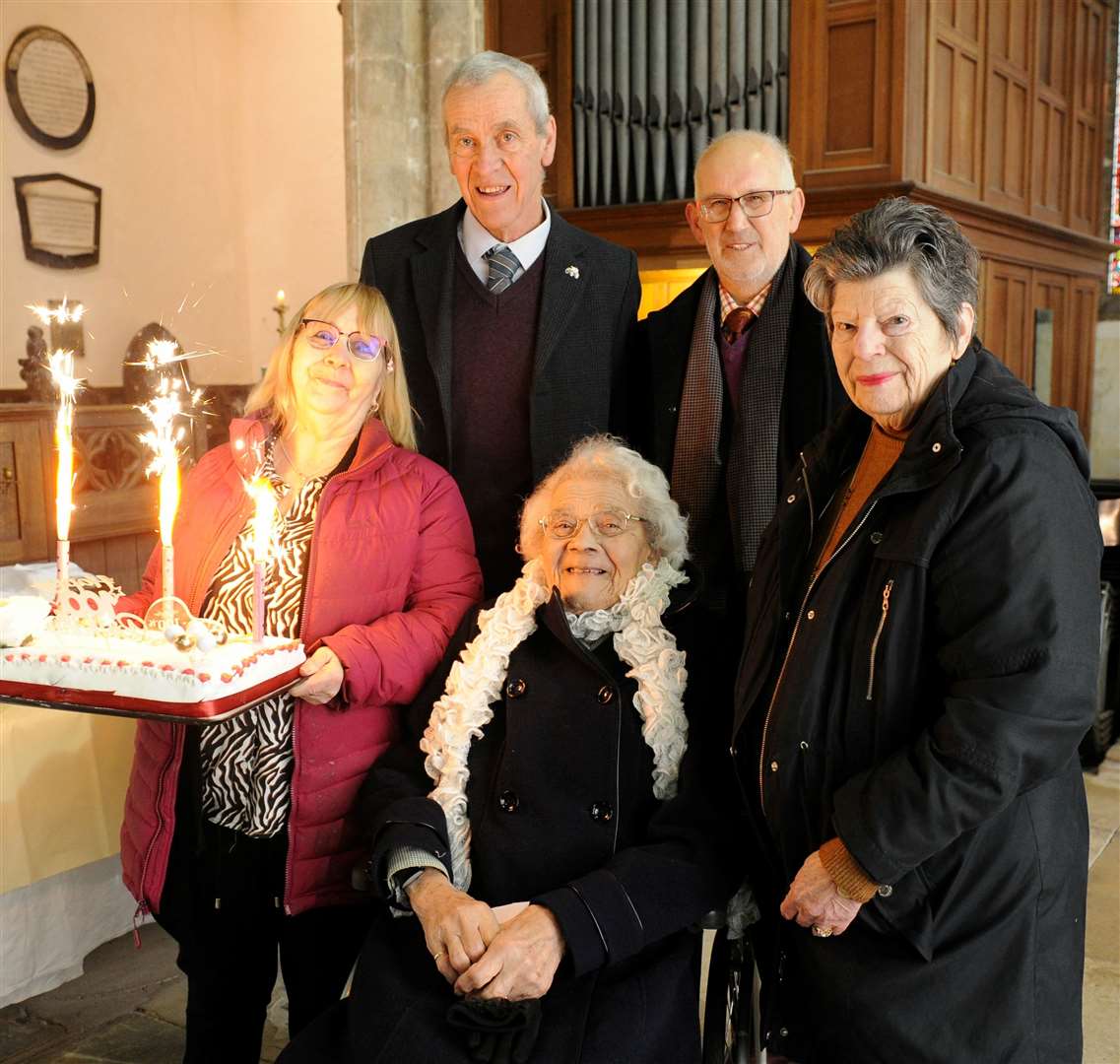 Lorna Webb (front) celebrates with Sue Atkinson, David Dickinson, Jonathan Newell and Heather Roundtree. Photo: Chris Lowndes