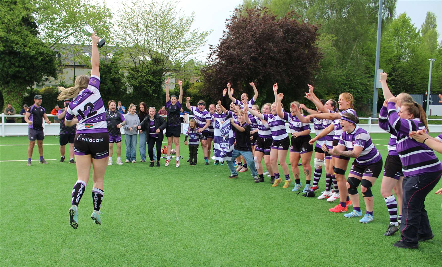 Stamford Women celebrate their cup final success. Photo: Darren Dolby