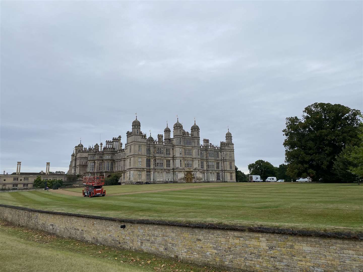 Television crews setting up for filming The Crown at Burghley House