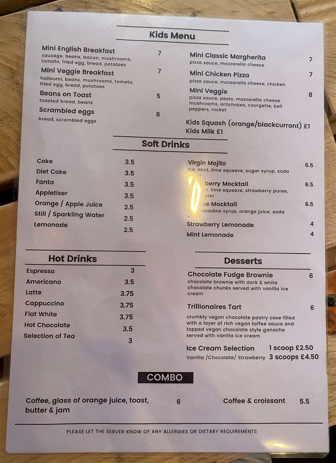 The drinks menu