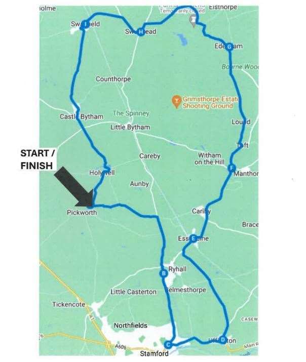 The route of the Stamford and District Tractor Run. Photo: Google Maps / Stamford and District Young Farmers
