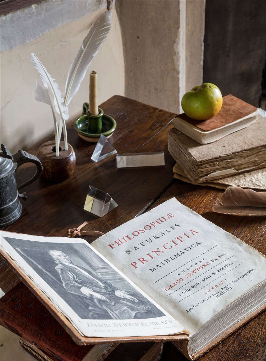 Desk in the Hall Chamber, with Isaac Newton's book, Principia at Woolsthorpe Manor, Lincolnshire