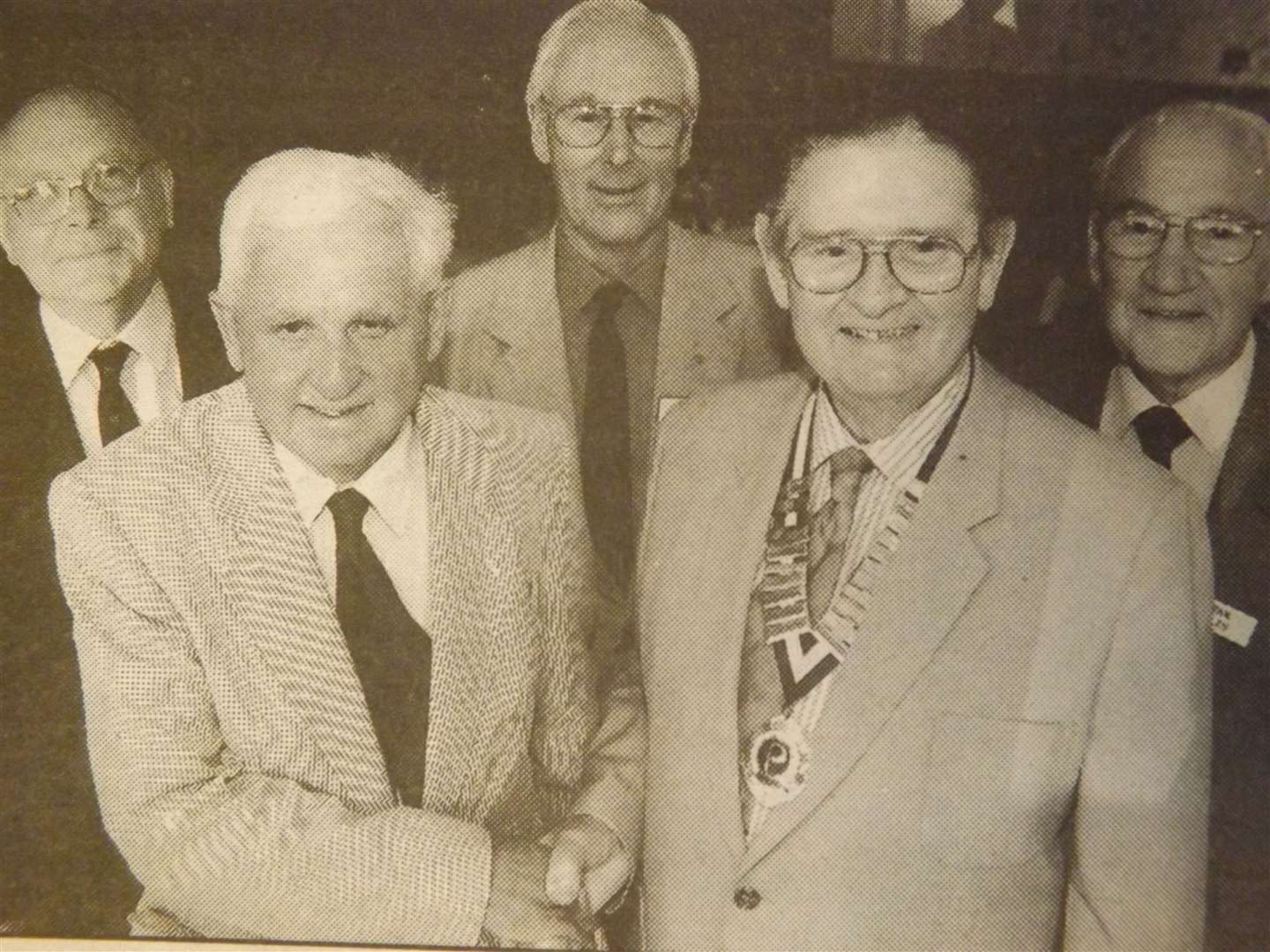25 years ago: August 14, 1998 – Special milestone: Stamford Rotary Club representative Roger Browne congratulates Probus Club president Arthur Richie at the 25th anniversary lunch. Looking on are secretary John Craddock, speaker Tony Springett and founder member Stan Hales.
