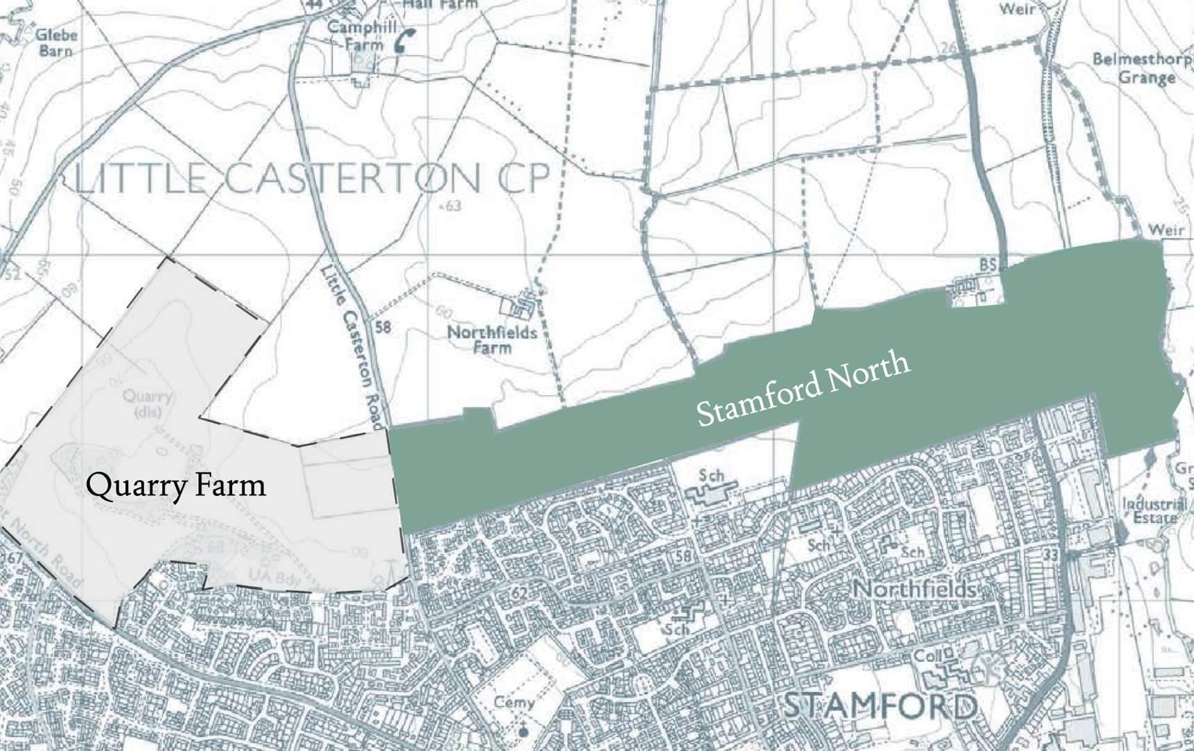 Map showing the proposed ‘Stamford North’ area, east of land earmarked for Quarry Farm