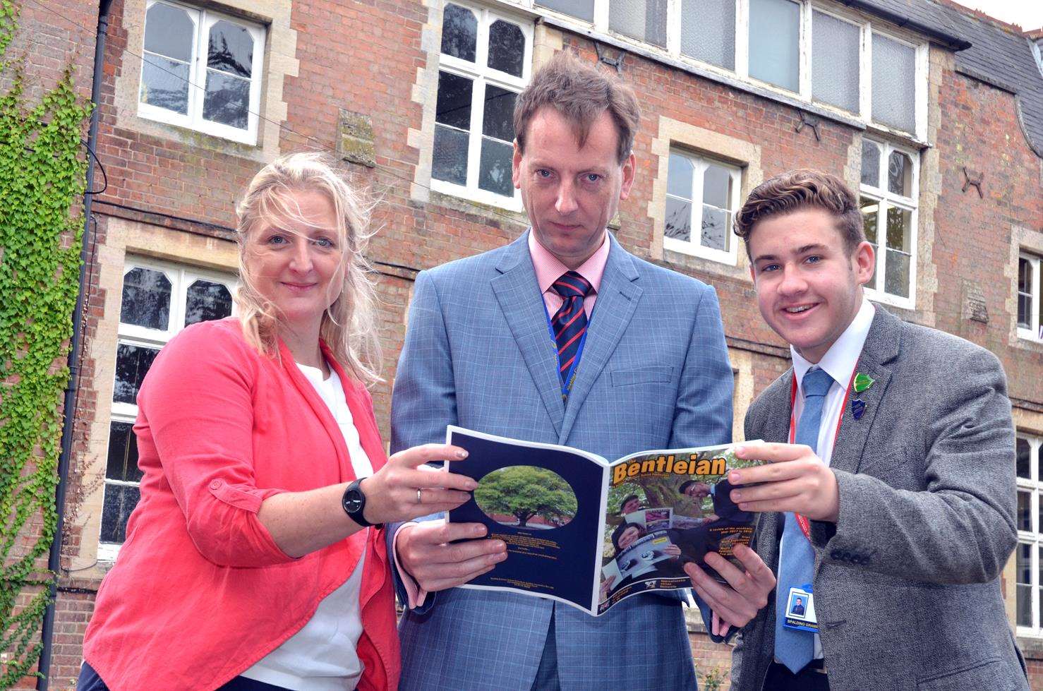 Headmaster Steven Wilkinson (centre) with Sam Grant and sixth form student Jack Carson, editors of The Bentleian. Photo by Tim Wilson. SG-190918-007TW