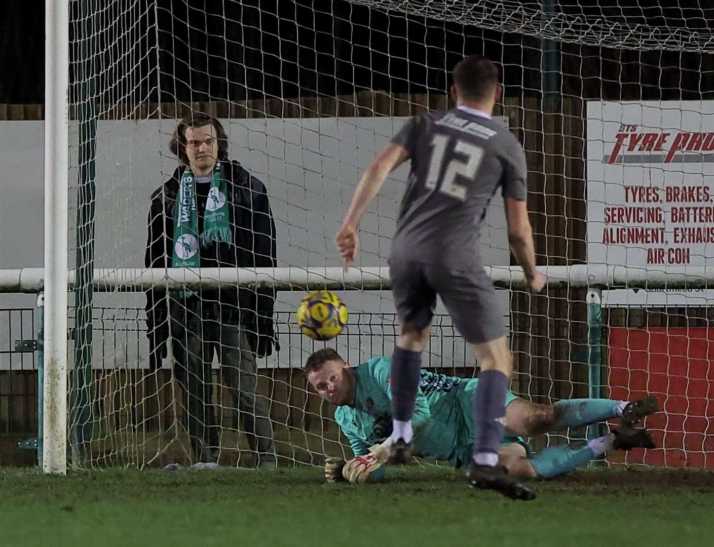 Tom Jackson saves the late penalty. Photo: Rob O'Brien
