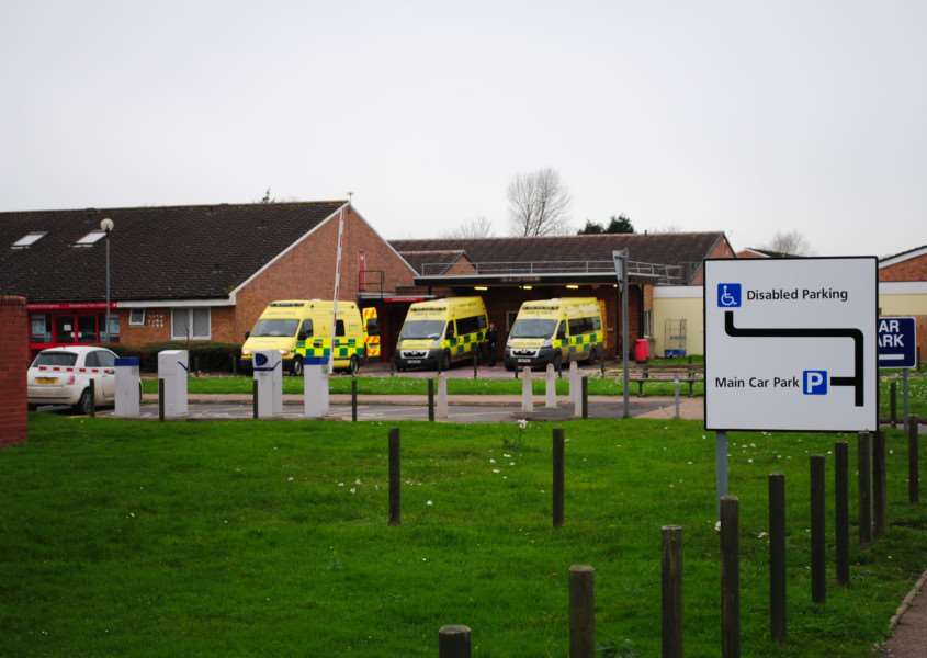 Ambulances at Grantham Hospital A&E department.