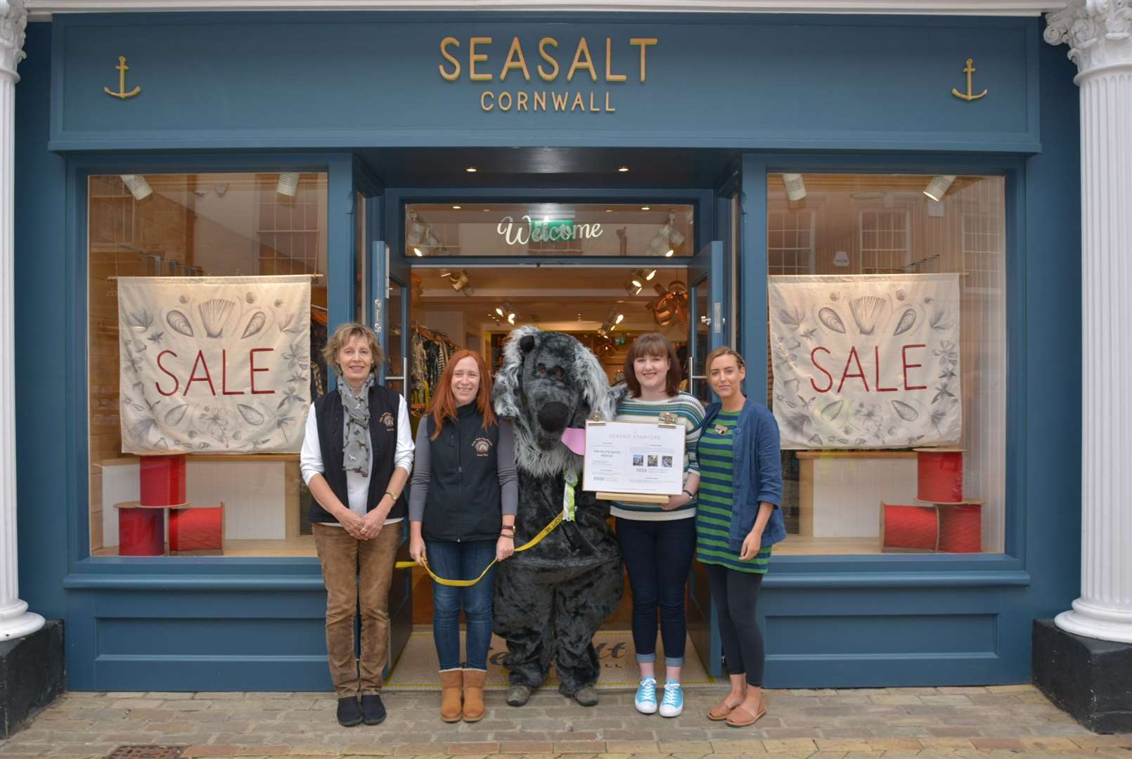 Seasalt nominates Mutts Nutts as its charity of the year. From left, trustee of The Mutts Nutts Rescue Jane Freeman, head Nutt Bec Wilson, Nutty the dog, shop supervisor Charlotte Maclelland and store manager Dee Phillips