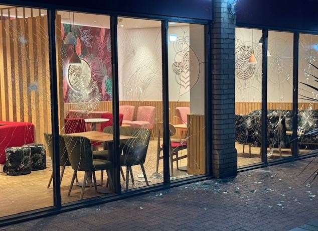 The windows were smashed last night at Costa in Bourne. Photo: Jason Richardson