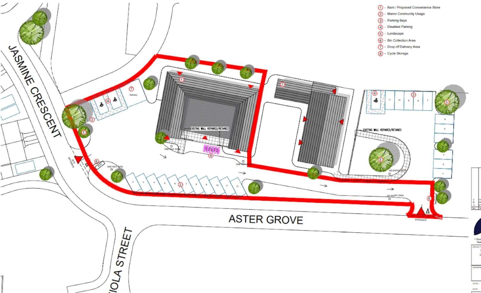 The proposed supermarket plot, complete with parking, is shown within the red line. Manor Farmhouse is adjacent