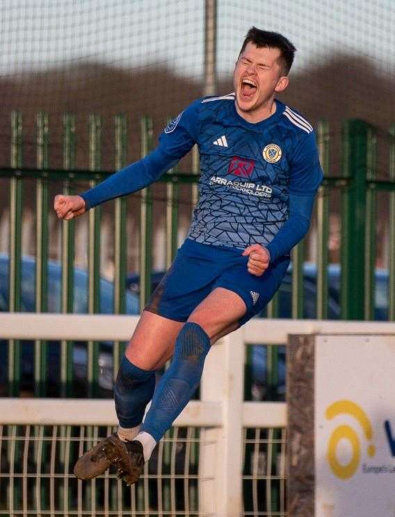Harry Allcock celebrates his second goal. Photo: Steve Nesbitt
