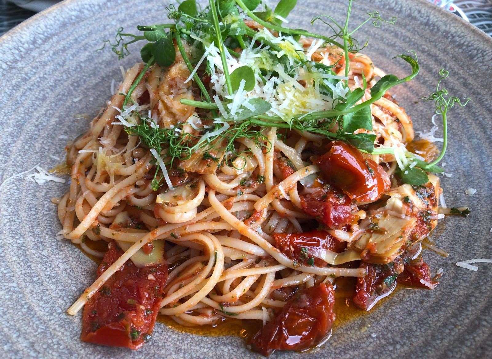 My wife's main - artichoke with sun blushed tomato linguini and aged parmesan