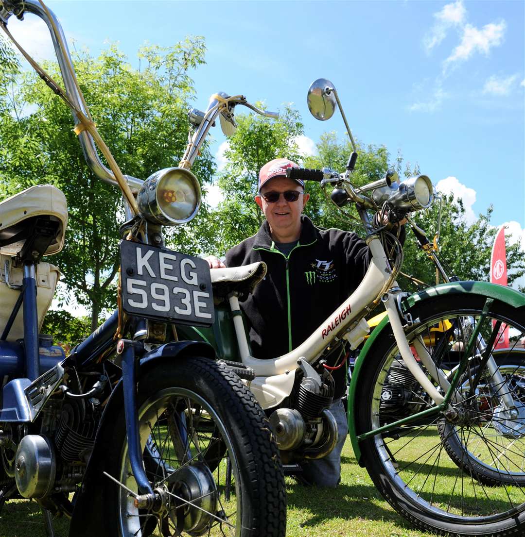 Bourne bike collector Andy Downs with a Raleigh Wisp and Runabout 1960. Photo: Iliffe Media