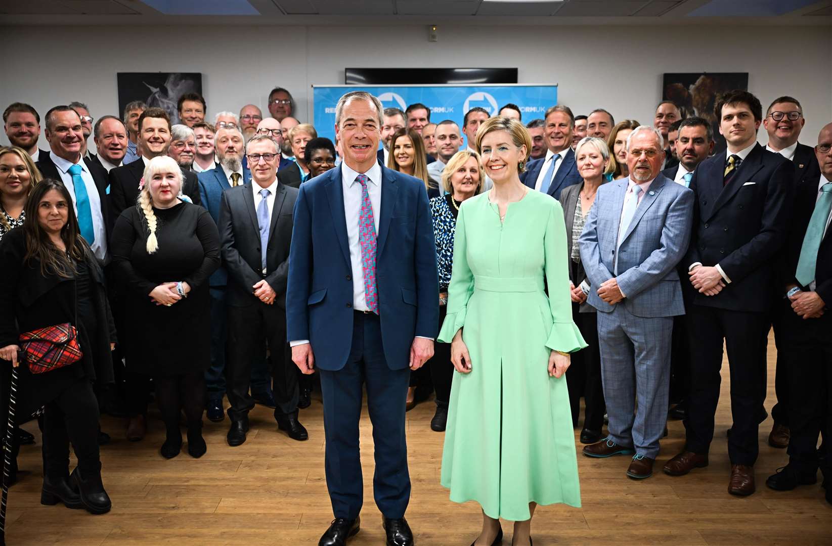 Reform UK leader Nigel Farage and mayoral candidate Andrea Jenkyns with the party's candidates for Lincolnshire County Council