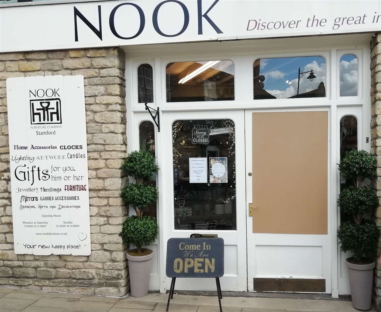 The boarded up window at The Nook in Sheep Market, Stamford, after it was smashed in the early hours of Sunday evening