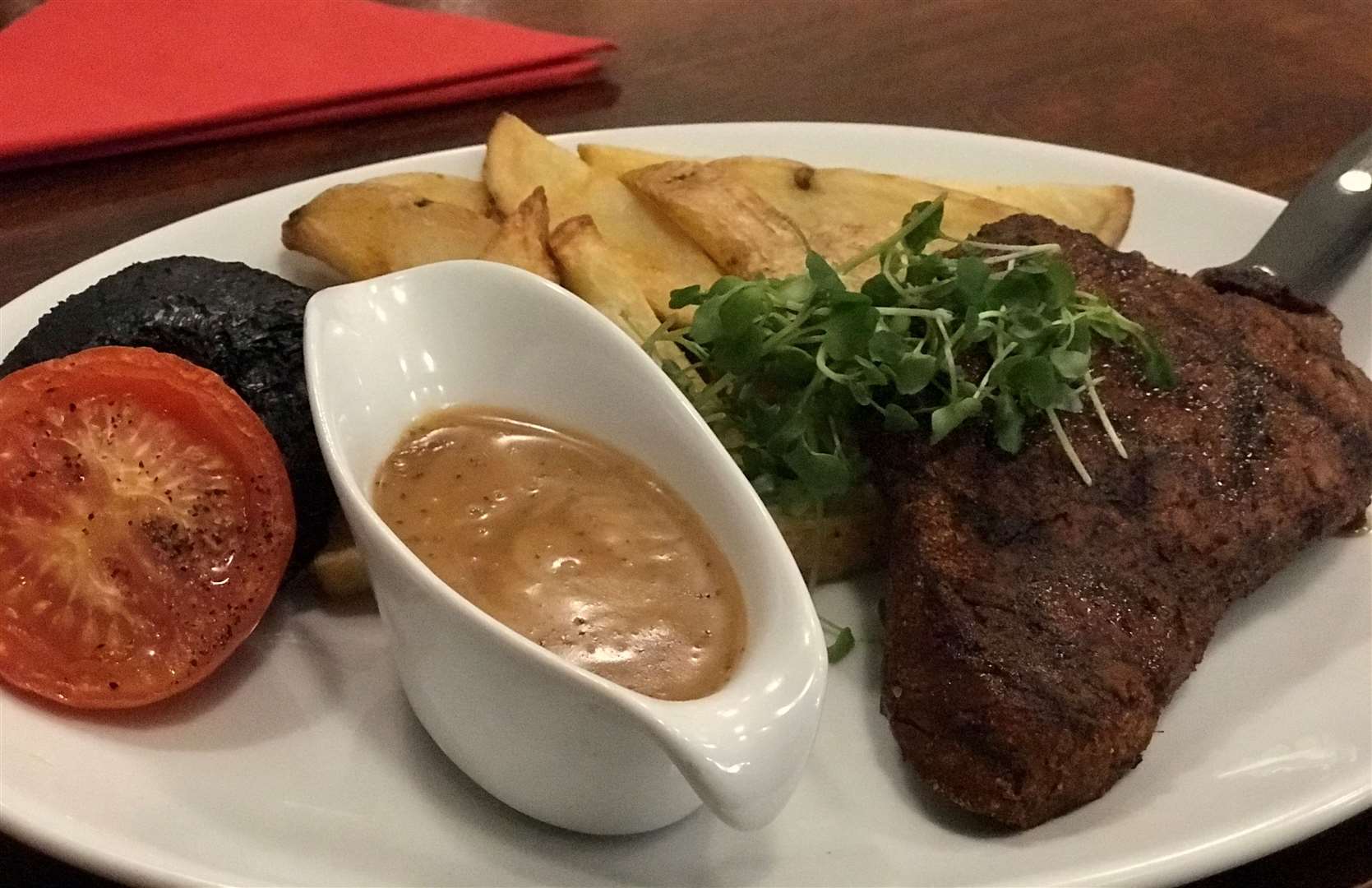 The rump steak, cooked perfectly (medium) - with the trimmings