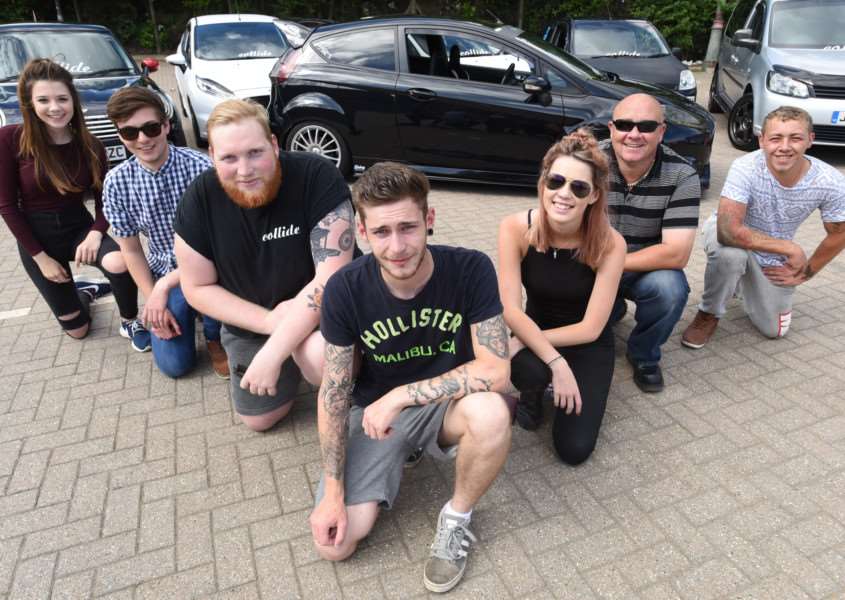 Liam Kerr-Gray (centre) and other Collide Car Club members Jasmine Porteious, Chris Cowell, David Riley, Olivia Weaver, Joe Porteious and Jordan Meayers are behind a modified car "cruise" in memory of former Deepings School student Lucy Jessop. Photo by David Lowndes.