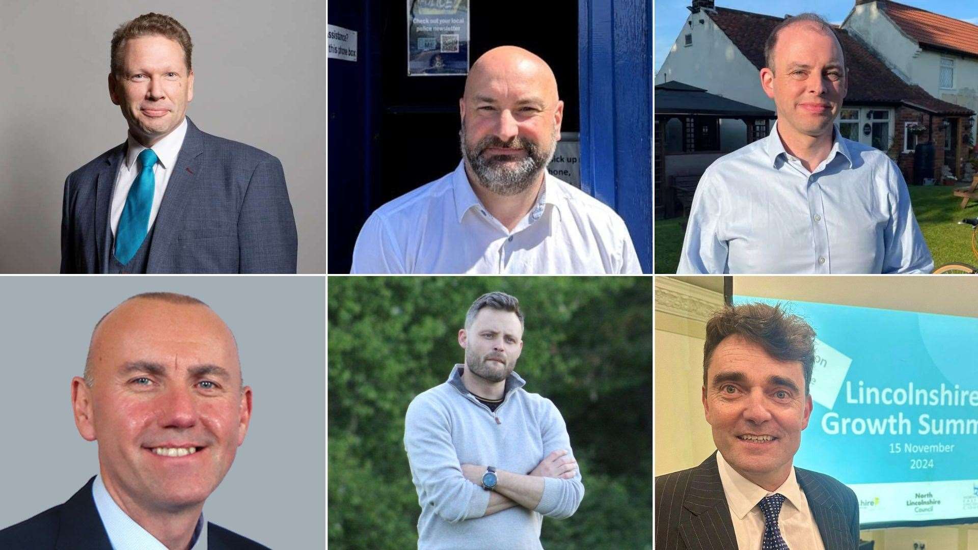 The six Conservatives hoping to become Mayor of Greater Lincolnshire (clockwise): Karl McCartney, Marc Jones, Matt Warman, Huge Marfleet, Ben Bradley and Rob Waltham. Photo: Facebook/LDRS