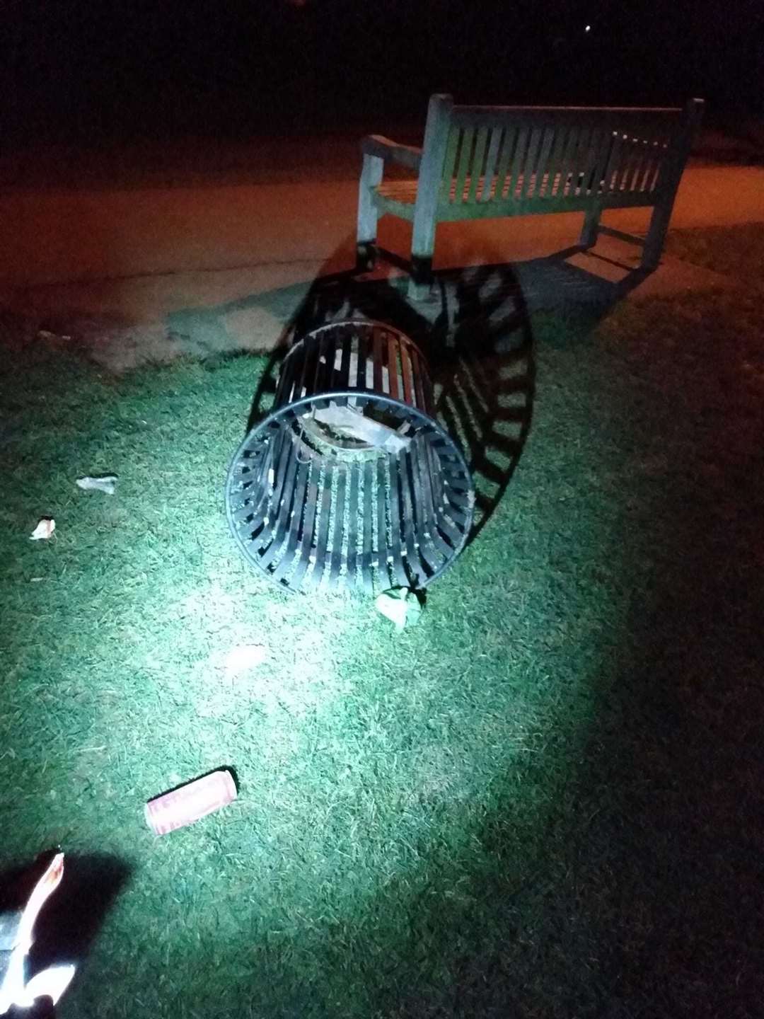 A bin was vandalised in Stamford Meadows. Photo: Neil Mcivor