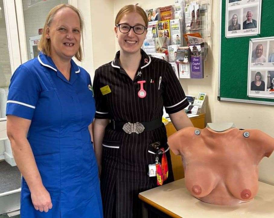 Nurse Elizabeth Stapleton and senior breast care practitioner Nikita Copestake with the breast examination mannequin they took to Wake House in Bourne