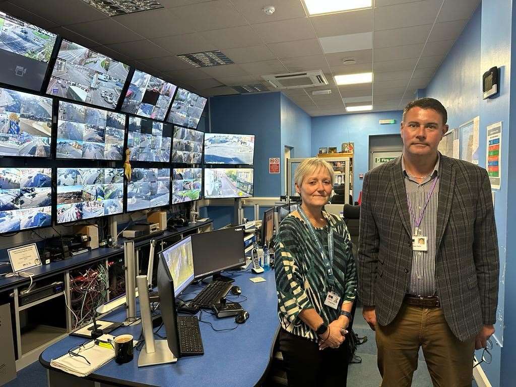 Couns Ingrid Sheard and Gary Taylor at the CCTV monitoring suite in Boston