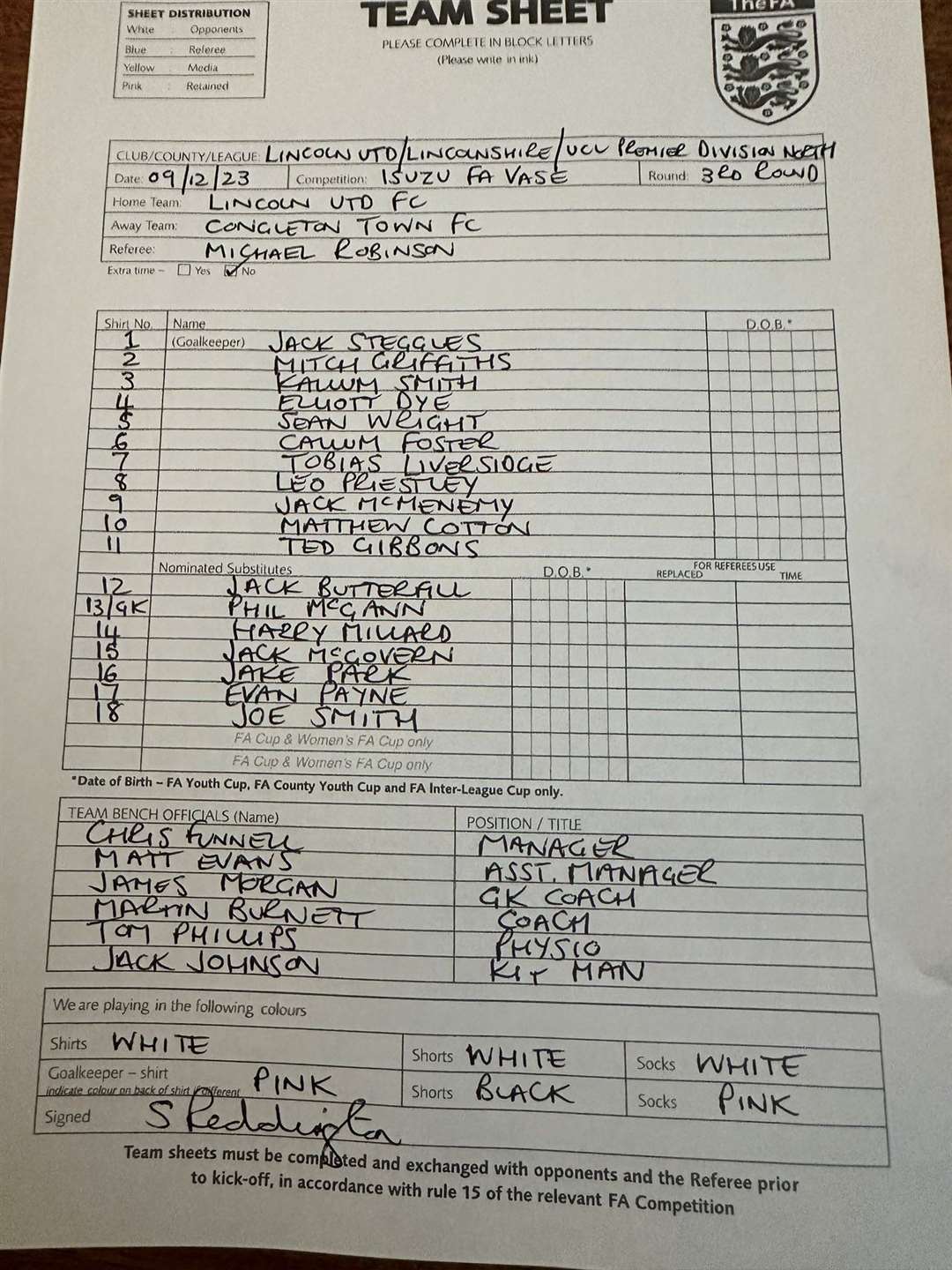 Lincoln United Town team sheet. Image: @CongletonFC twitter.