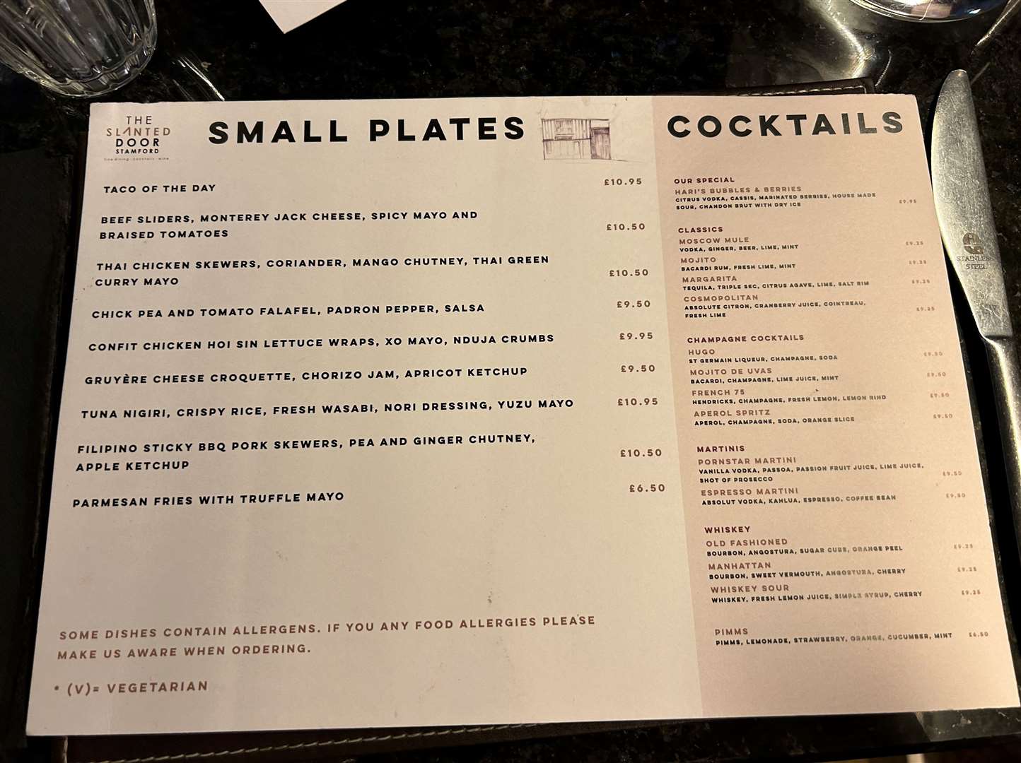 The small plates and cocktail menu