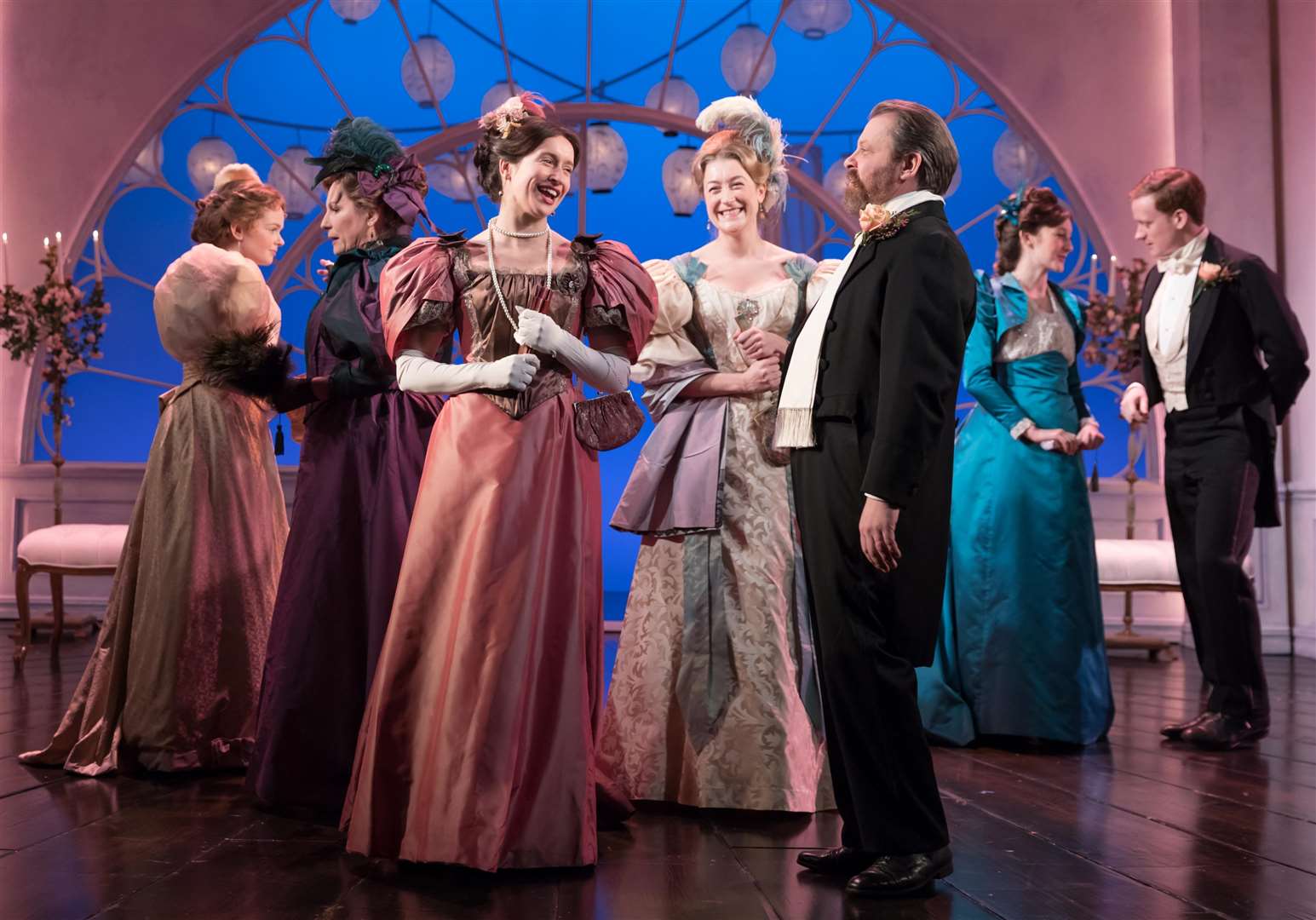 Guests at Lady Windermere's birthday party in a scene from Lady Windermere's Fan, part of Oscar Wilde Season LIVE at the Vaudeville Theatre, London. Photo by Marc Brennar. (3497910)
