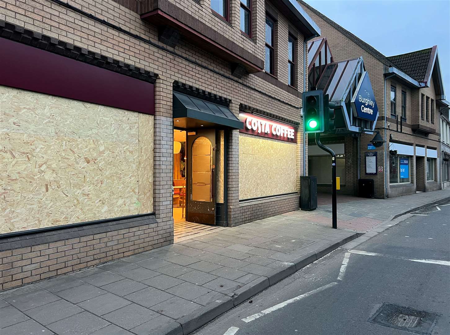 Costa Coffee in Bourne is boarded up this morning following the criminal damage last night (February 13)