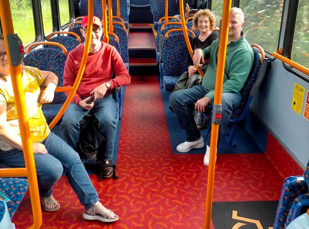 Julia Cunningham, John Bradshaw, Sue Magill and Gavin Elsea aboard the Route 27 Stagecoach service between Stamford and Peterborough. Photo: The Bus Campaign Group