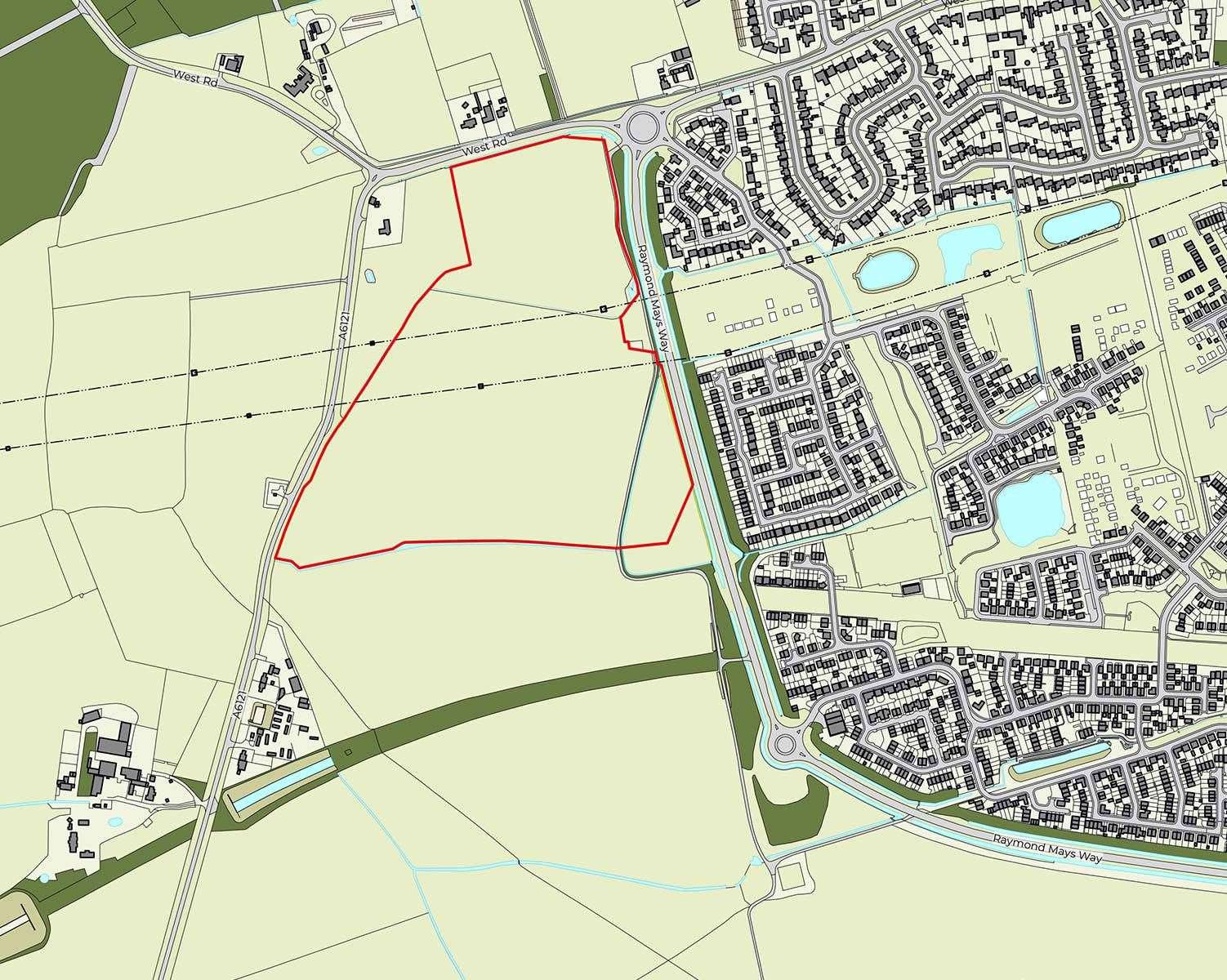 The red line shows the boundary of the proposed development, with Stamford Road to the left, West Road above, and Raymond Mays Way to the right