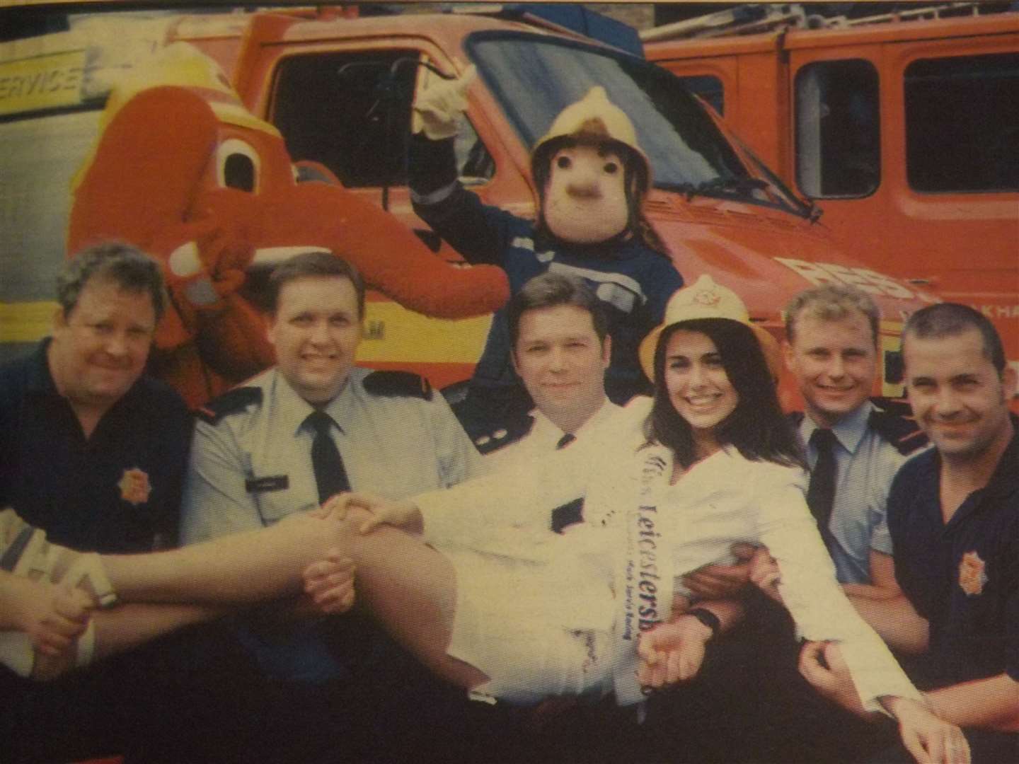 25 years ago: September 4, 1998 – Members of Oakham Fire Station's Red Watch including firefighter Tom Neal, firefighter Mark Bryers, station commander Jim Spriggs, firefighter Neil Gaskin, firefighter Chris Arden with Miss Leicestershire Kishi Dickinson, Wellyphant and Fireman Sam at Oakham fire station's open day.