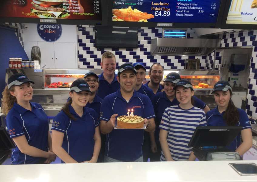 Staff at George's fish and chip shop in Bourne celebrate the 14th anniversary of the businesses by raising money for The Butterfield Centre. EMN-150521-103436001