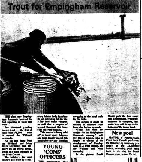 A Stamford Mercury clipping from when David Moore released the first trout into Rutland Water, then known as Empingham Reservoir