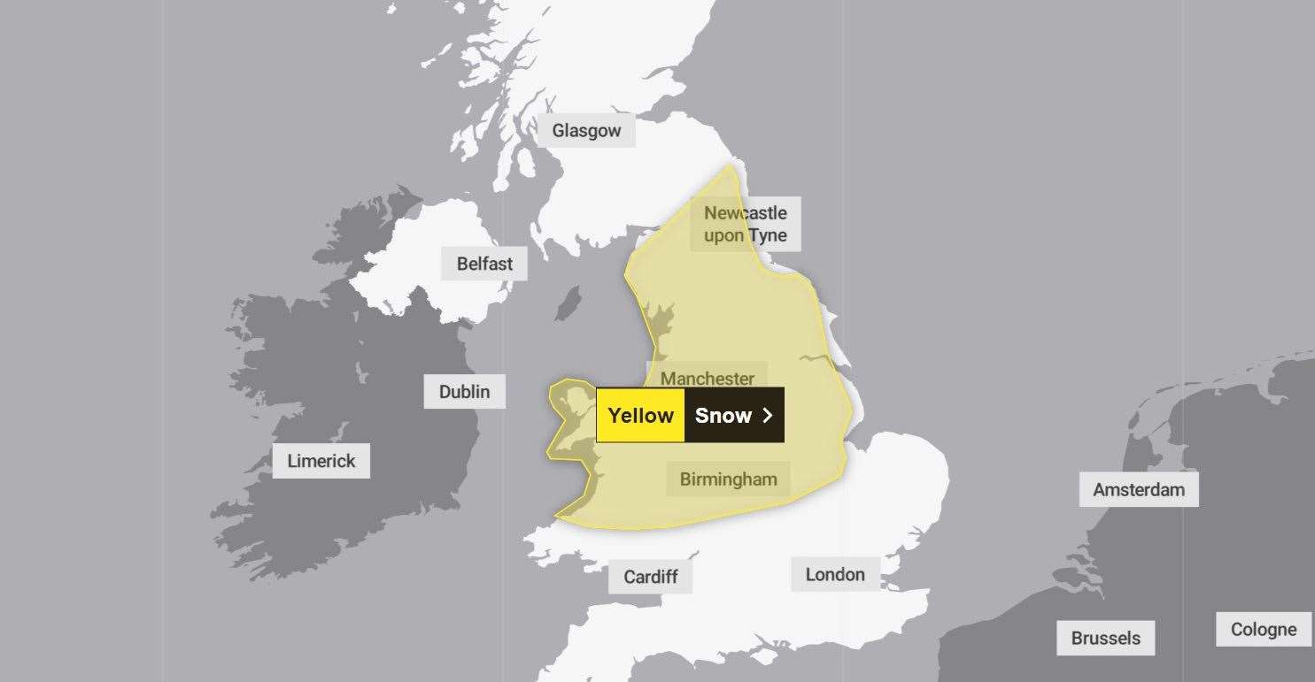 The warning shows most of Lincolnshire could face snow.