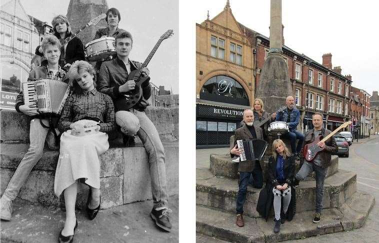 Local journalist John Pinchbeck took the original shot in 1983 (left). Four decades later, he recreated this iconic moment with the band.