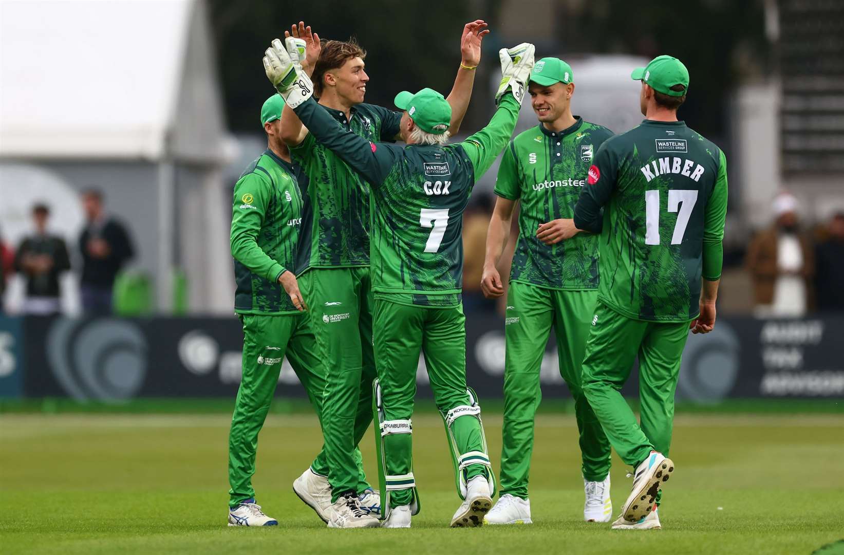 WICKET - Leicestershire players congratulates Josh Hull on the wicket of Dawid Malan during the Vitality T20 Blast North Group match between Leicestershire Foxes and Yorkshire Vikings at the Uptonsteel County Ground, Leicester, United Kingdom on 31 May 2024.