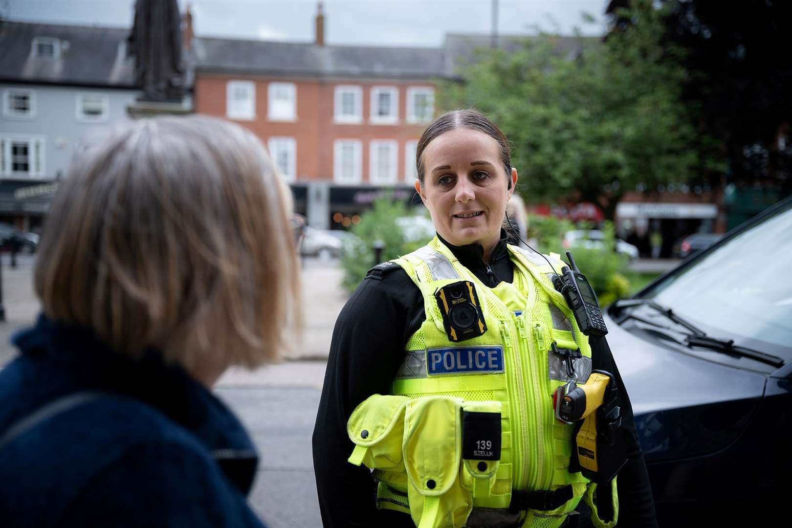 PC Kirsty Szeluk talks to a member of the public while she is out on patrols in Grantham. Photo: Lincolnshire Police