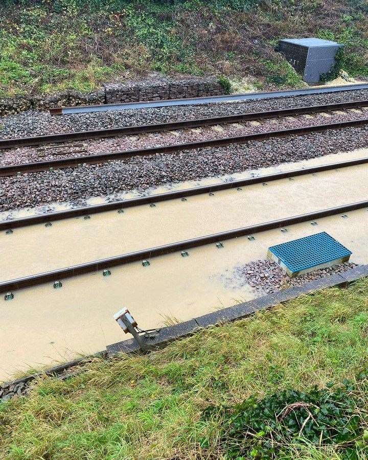 Flooding on the East Coast Main Line at Peascliffe near Grantham.