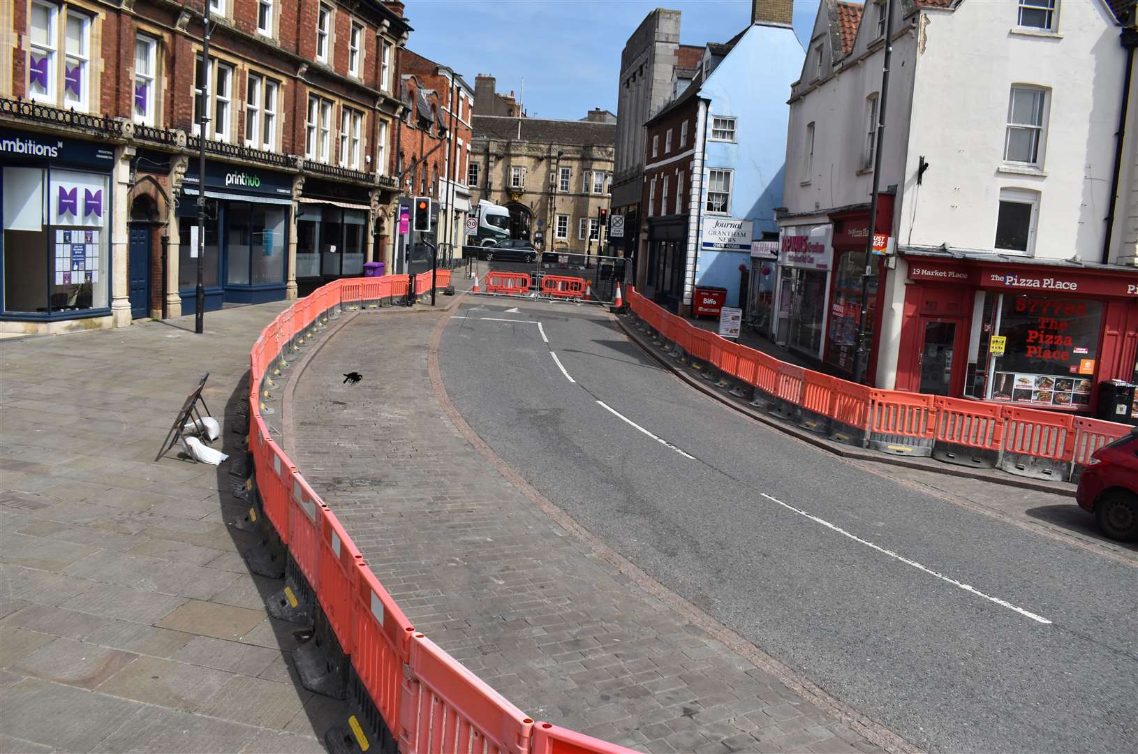 Roadworks are in place for the Market Place works in Grantham. Photo: RSM Photography