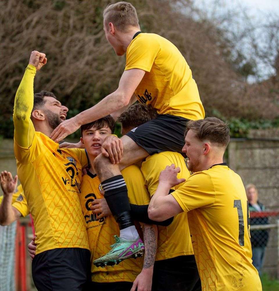 Harrowby United celebrate their four goal at Gresley Rovers. Photo: Steve Nesbitt @lincssnapper