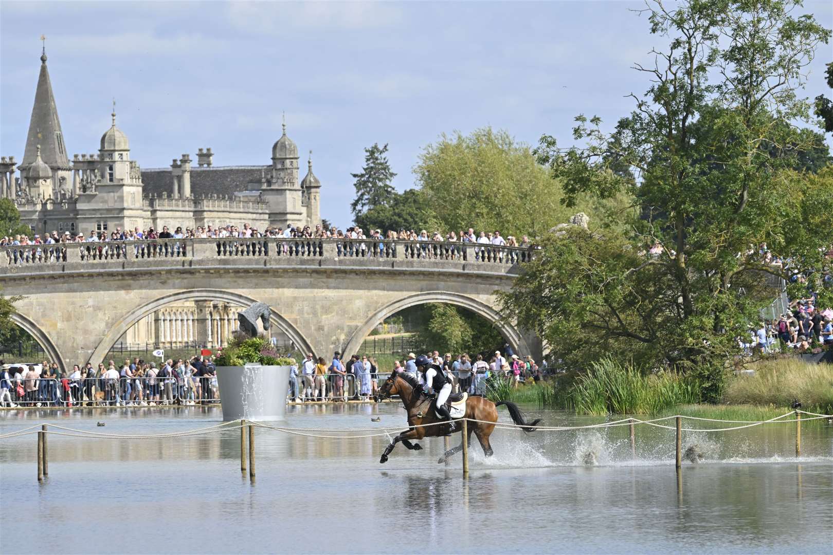 Pippa Funnell riding Majas Hope for GBR during the Cross Country phase at the Defender Burghley Horse Trials, in 2023.