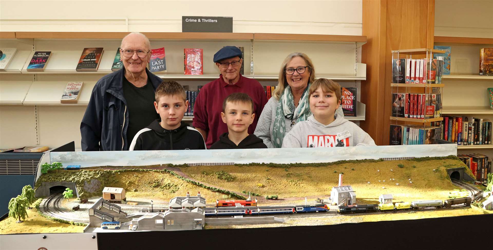 Back left to right: Market Deeping Model Railway Club president Colin Brown, exhibition co-ordinator Bill Sowerby, and junior group leader Aileen Frisby, with junior group members Harley, Harrison and Kohle