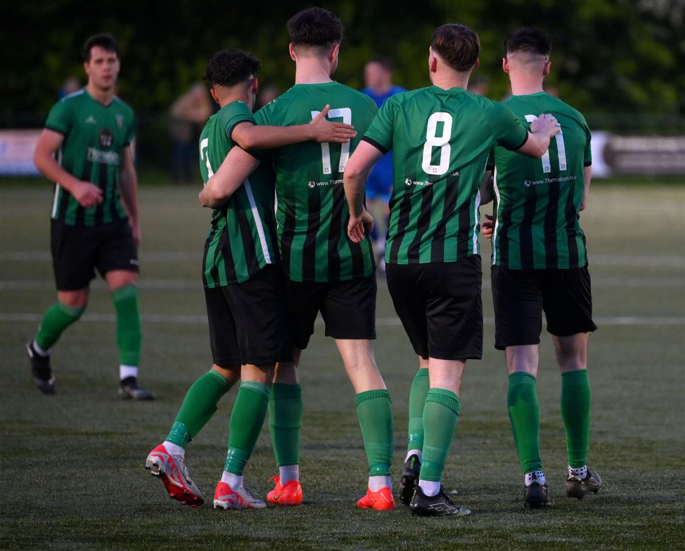 March (Blue) v Blackstones (Green and Black) in the final of the Hinchingbrooke Cup Blackstones scoring to make it 1-1