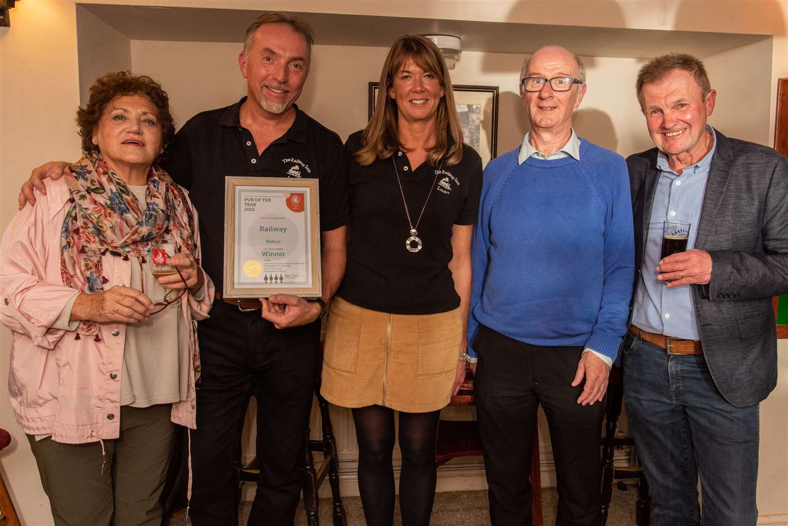 Homera Wood, Jamie and Linda Betts, with Philip Tipladey and Richard Harris from Camra
