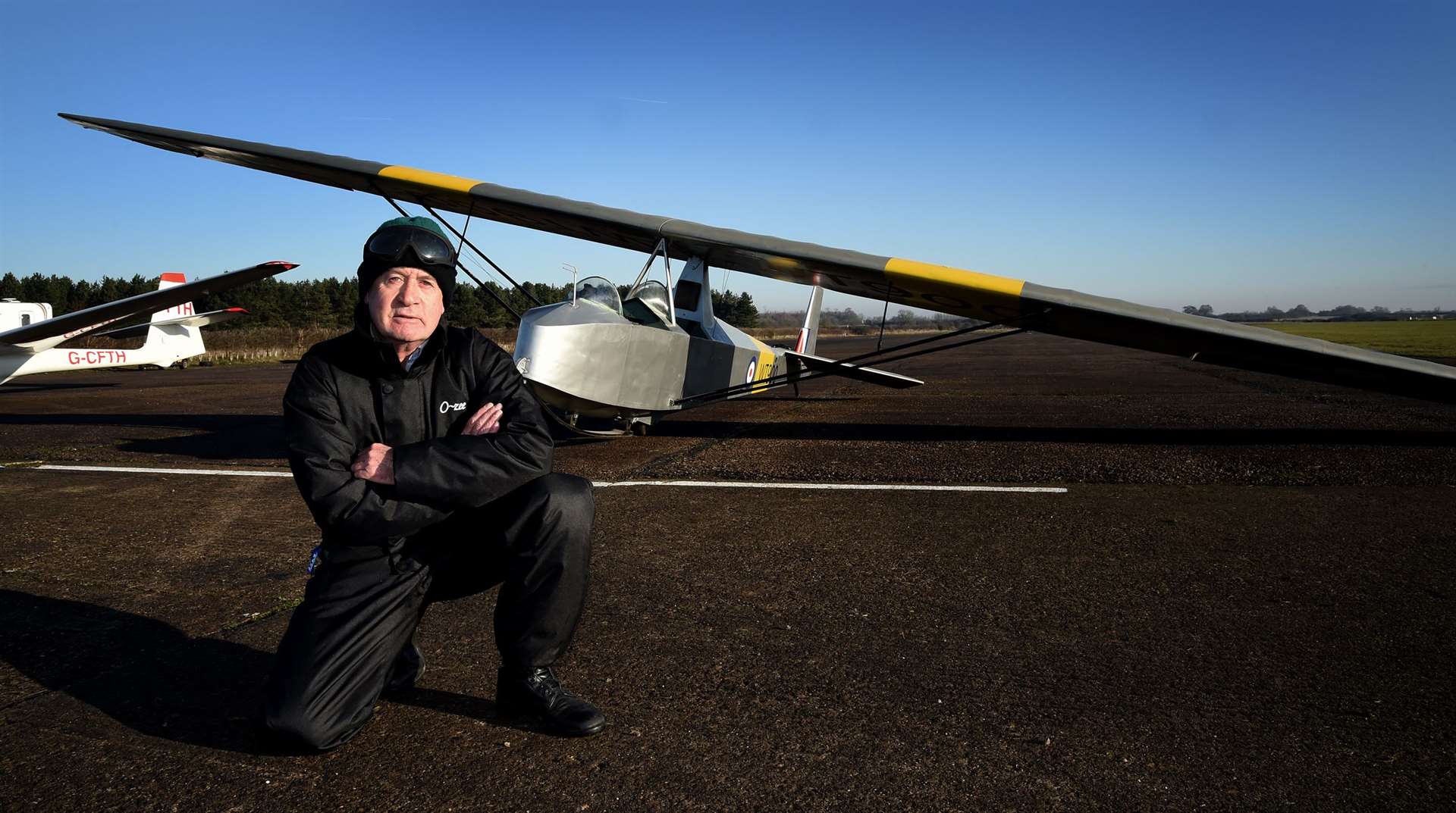 Roy Ferguson-Dalling with the glider he flew to mark the 50th anniversary of his first solo flight