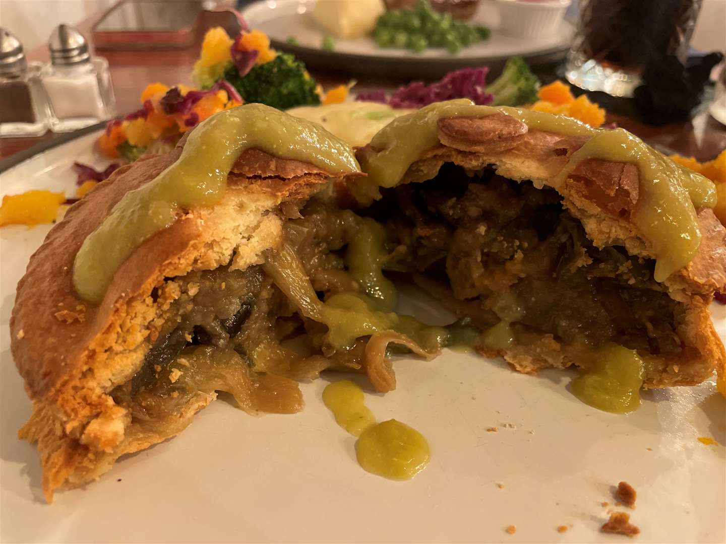 One aubergine and pak choi pie, coated in green pepper gravy... try it before you judge