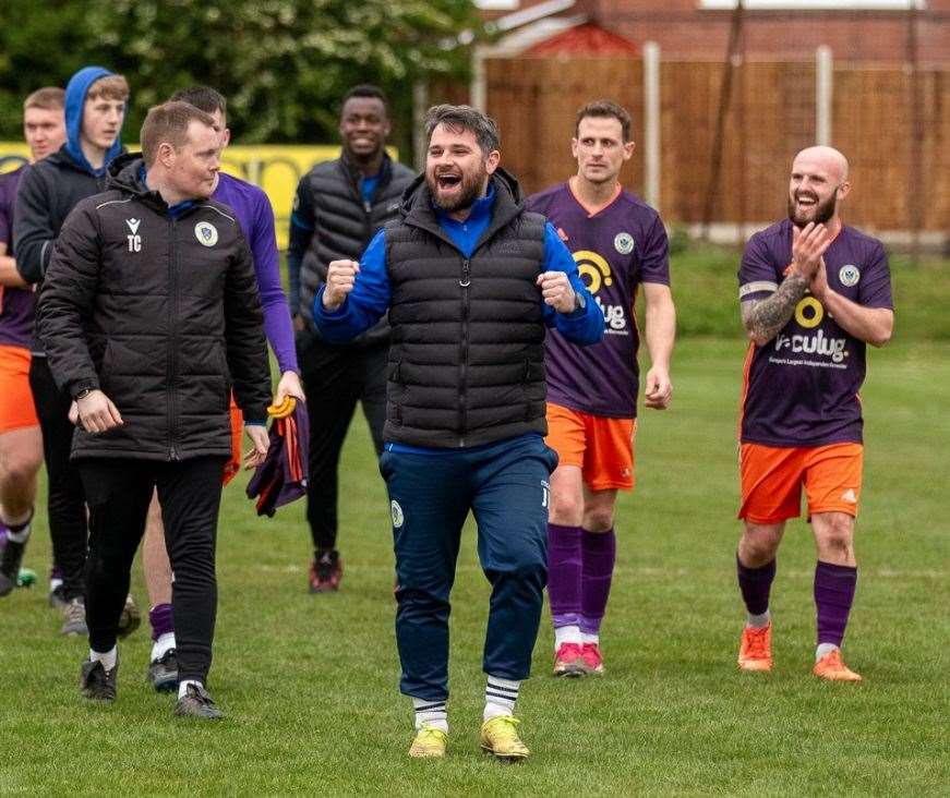 Manager Jamie McGhee leads the celebrations after the semi-final win. Photo: Steve Nesbitt @lincssnapper