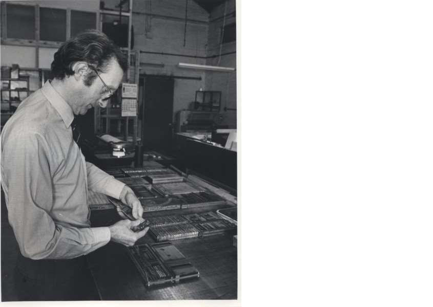 Grantham Journal advertising manager Mick Townsend uses a composing stick to assemble lead type in the Journal commercial department.