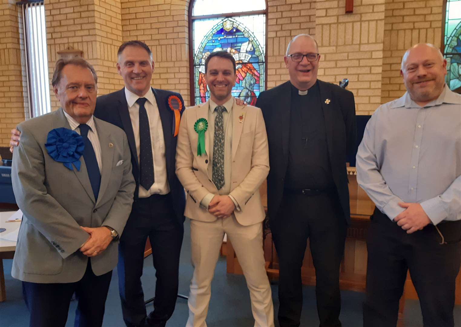 Sir John Hayes, Mark Le Sage, Rhys Baker, the Rev Luke Smith and Craig Jackson at the hustings